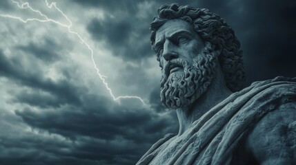 A powerful statue against a stormy sky with lightning conveys strength and drama, reminiscent of ancient myths.