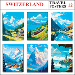 Switzerland Gstaad Rigi Queen of the Mountains Andermatt Travel Poster Wall Art Print Set Part 12