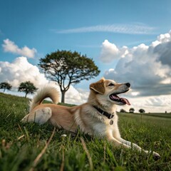 Dog Relaxing Outdoors: Golden Retriever Mix on Green Grass with Scenic Landscape. Capture the Joy of Pets in Nature with a Relaxed Dog & Beautiful Sky. Perfect for Pet Lovers.


