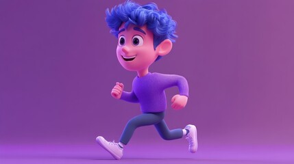 Fototapeta premium Cheerful Cartoon Character Running with Blue Hair on Purple Background