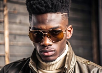 Fototapeta premium Captivating portrait of a young black man with hightop fade hairstyle wearing retro sunglasses in urban setting stylish fashion photography