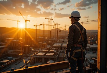 Fototapeta premium Construction workers working on a site with cranes during sunset