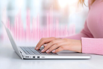 Hands typing on a laptop keyboard with a glowing pink data visualization overlay, symbolizing analytics, technology, productivity, and modern digital innovation in business and personal applications