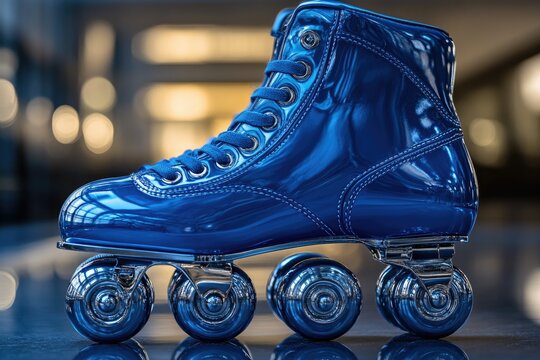 Shiny blue roller skate with metallic wheels, reflecting light. A stylish and vibrant design.