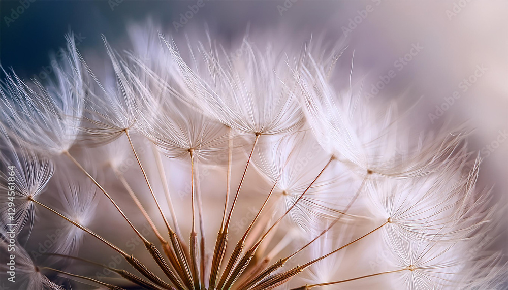 Wall mural macro close up of delicate dandelion seeds on a light background with professional color grading eth
