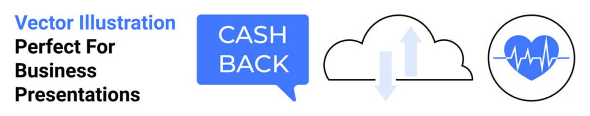 Cash Back speech bubble, cloud with data arrows, heart with heartbeat graph. Ideal for finance, technology, data sharing, health monitoring, business communications, presentations flat landing page