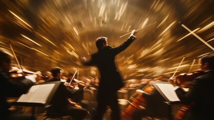 An energetic maestro conducts an orchestra, captured in motion with a golden blur, evoking the passion and excitement of a live performance.