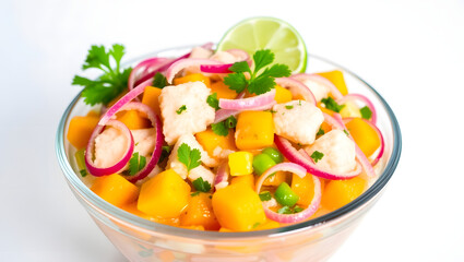 a vibrant bowl of ceviche, featuring fresh ingredients like mango, fish and red onions, garnished with lime and parsley