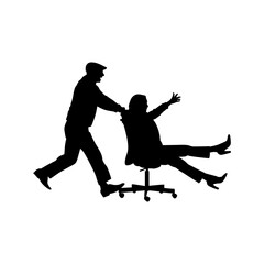 Another person is pushing a person sitting in an office chair. Vector.