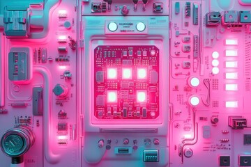 A vibrant, futuristic circuit board glows with pink and teal accents, showcasing intricate technological detail.