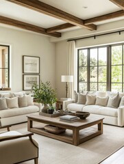 Cozy interior living room with a wood table and sofas