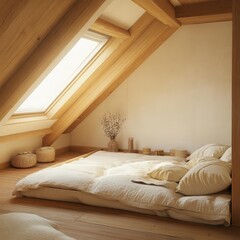 Fototapeta premium A modern bedroom interior with wooden beams and a mattress