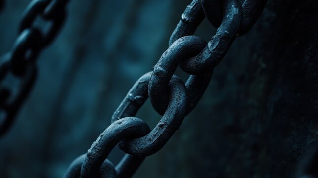 Heavy, rusted chains in close-up, against a shadowy background, evoke strength and captivity, a powerful contrast in texture and tone.