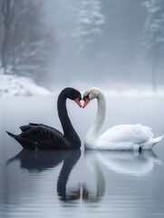 Fototapeta premium Black and White Swans Forming Heart Shape on Reflective Water Surface