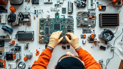 Worker assembling electronic device components workshop industry scene indoor overhead view technology focus