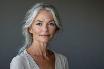 Portrait of a mature woman with gray hair, showcasing natural beauty and confidence.