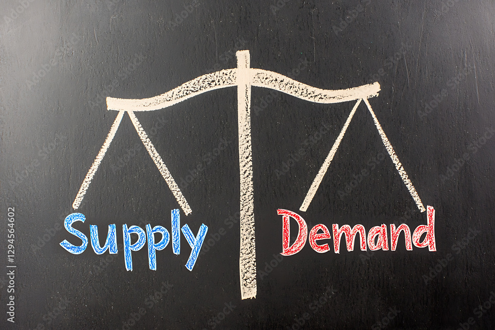 Poster a scale representing supply and demand. supply is written in blue and is on one side of the scale, w