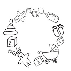 baby items objects for newborns babies toys Clothes Stroller vector round Frame Graphics doodle hand drawn Illustration base for textile Design tableware and printing