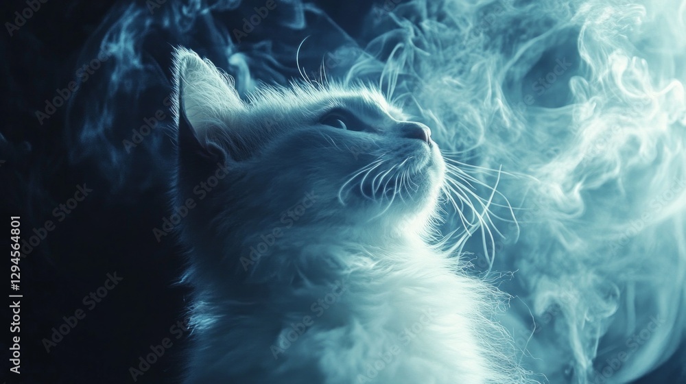 Poster a fluffy white cat gazes upward, mesmerized by curling tendrils of fog-like smoke that fills the dar