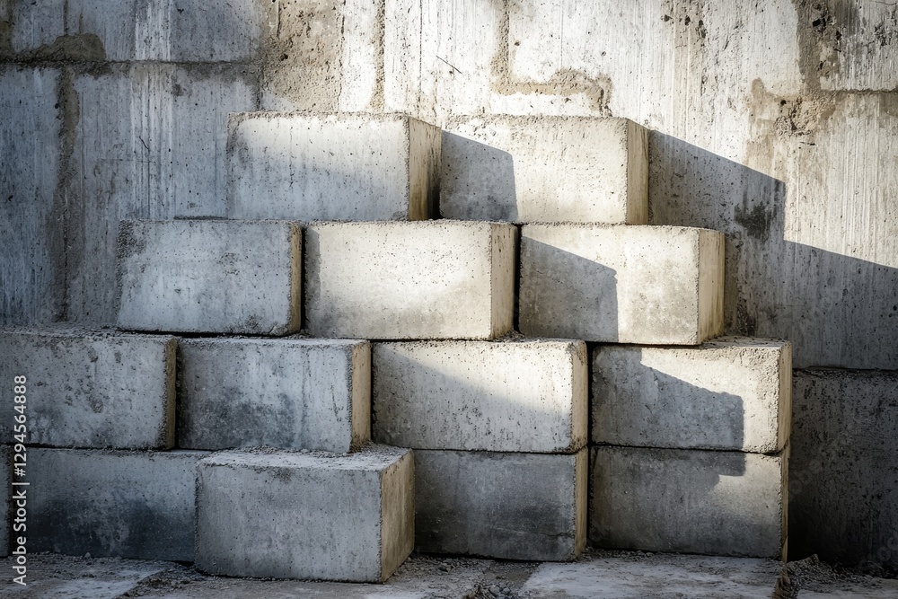 Poster stacked concrete blocks create a minimalist architectural composition.