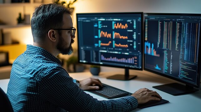 It manager analyzing network performance office graphic content digital environment side view technology insights