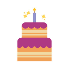 Two-tier birthday cake with purple frosting and a single candle, decorated with sparkles in a flat vector style for celebration and party designs