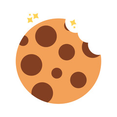 Flat vector illustration of a bitten chocolate chip cookie with sparkles, ideal for bakery, dessert, or snack-themed digital designs