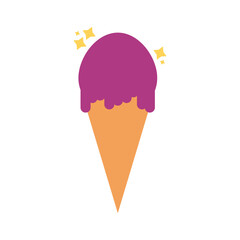 Flat vector illustration of a cartoon ice cream cone with purple scoop and sparkles, perfect for summer and dessert-themed designs