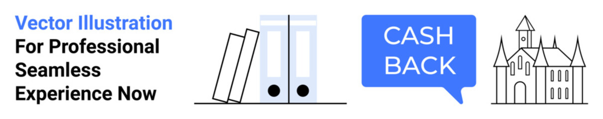 Bookshelf with folders, Cash Back speech bubble, and minimalist building outline. Ideal for finance, savings, education, business, investment, cashback and flat landing page banner