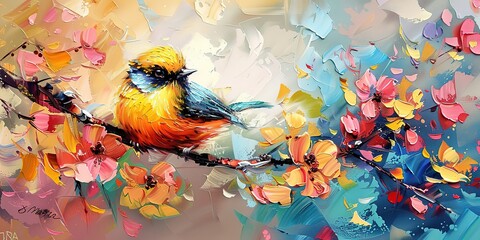 a spring bird with flowers in enchanted garden ,oil painting style illustration grungy brush stroke pattern