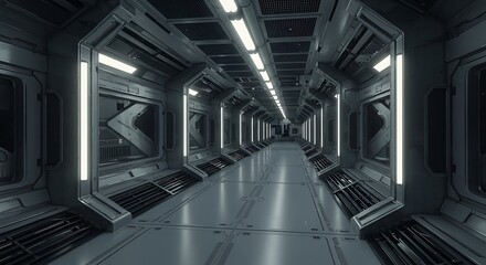 Fototapeta premium Exploring the Futuristic Spaceship Interior Corridor with Metallic Structure