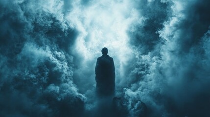 A silhouetted figure stands at the center of a dense, swirling mist that envelops the surroundings