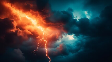 An intense lightning bolt lights up the turbulent sky, casting a dramatic ambiance with vibrant contrasts against swirling clouds.