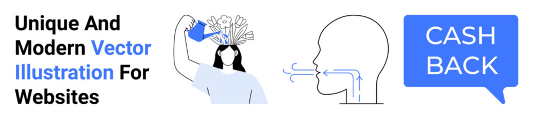 Woman watering flowers sprouting from head, air flow from human mouth, cashback speech bubble. Ideal for creativity, communication, finance, business, education, marketing flat landing page banner