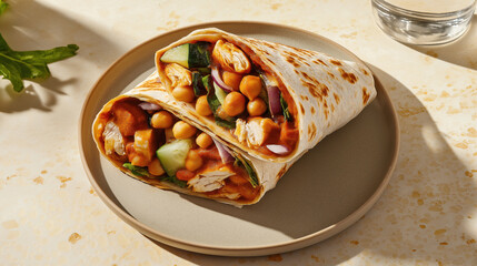 Chickpea and chicken wrap with fresh vegetables on a plate