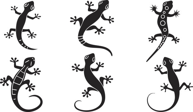 Various black gecko silhouettes in vector design for wildlife, reptile, and nature themes