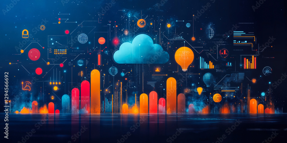 Poster innovative startup support ecosystem with cloud technology and data visualization in digital network