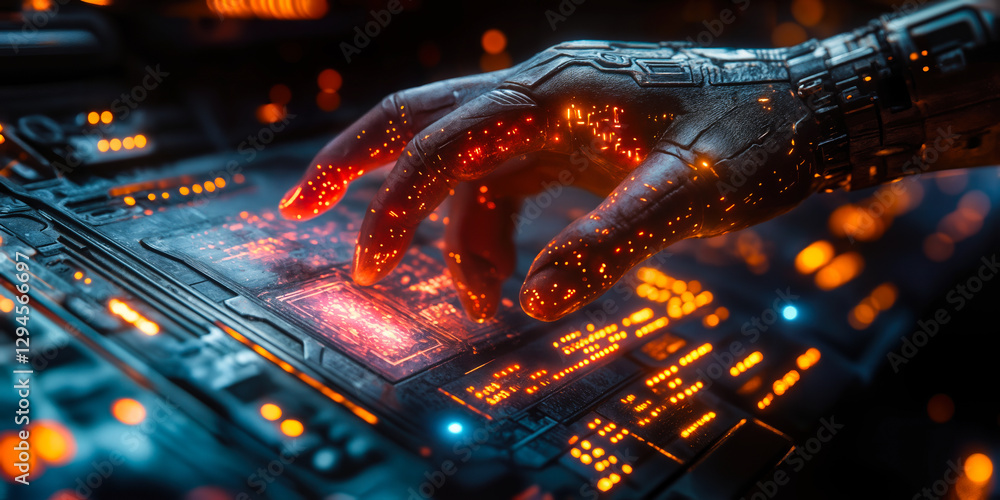 Poster robotic hand interacting with futuristic interface in advanced electronic environment for early tech