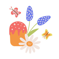 Happy Easter vector clipart with cake, flowers and butterflies. A festive composition for the design of postcards, prints, banners.