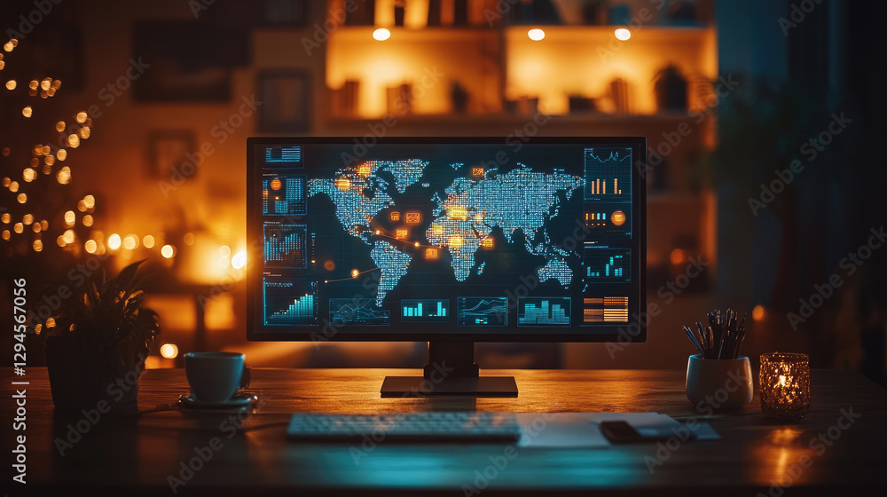 Poster digital collaboration network visualized on a desktop monitor in a cozy workspace with warm lighting