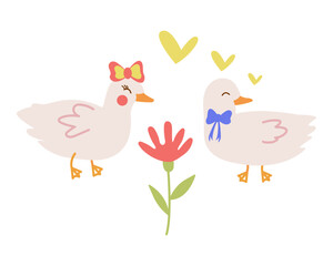Vector illustration with cute characters, pet ducks on a date, hearts, doodle-style flowers. Funny print for lovers, greeting card decoration.