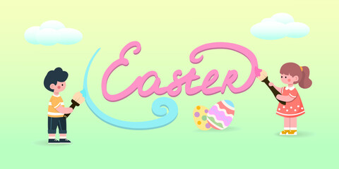 A colorful vector illustration of a cheerful Easter scene. The image features a boy and a girl painting the word 