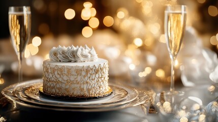 Elegant anniversary scene with cake and champagne glasses, sparkling golden bokeh lights create a festive mood