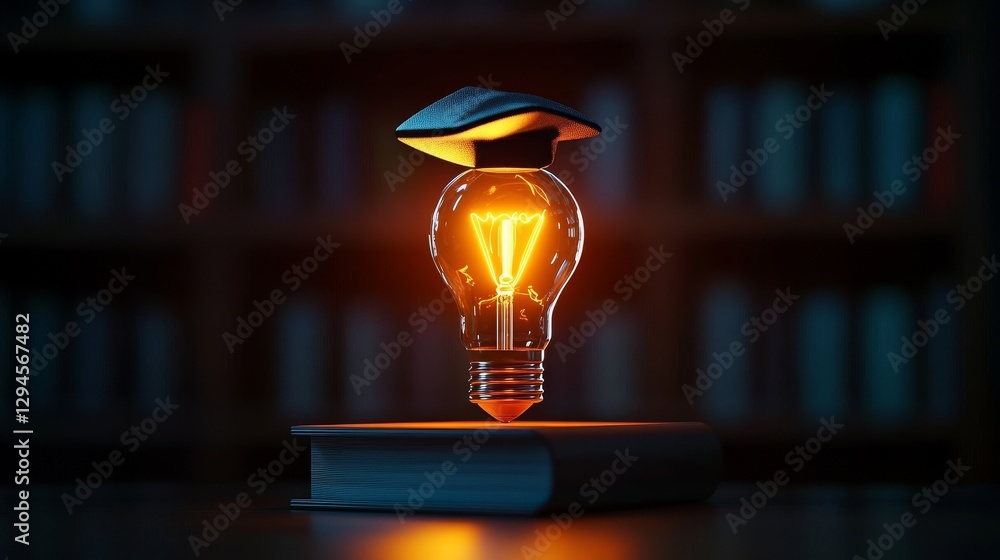 Poster illuminated lightbulb rests on a book representing a bright idea.