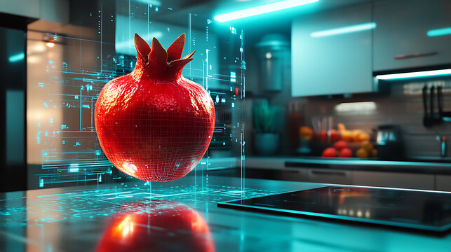 A high-tech kitchen with a floating holographic pomegranate