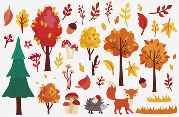 Set of autumn leaves, trees, mushrooms, berries, animals in flat style. isolated on white background