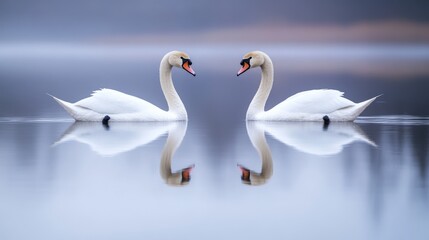 Two swans elegantly face each other on a calm lake, their reflections merging in the water, symbolizing grace and partnership in a serene environment.
