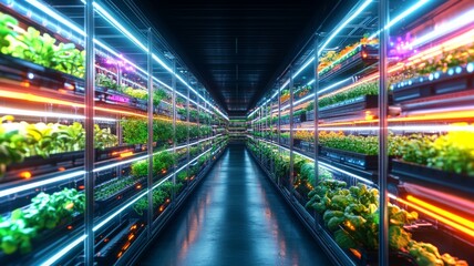 Innovative vertical farm with illuminated plant displays in futu