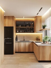A modern kitchen design featuring black appliances and warm wood tones