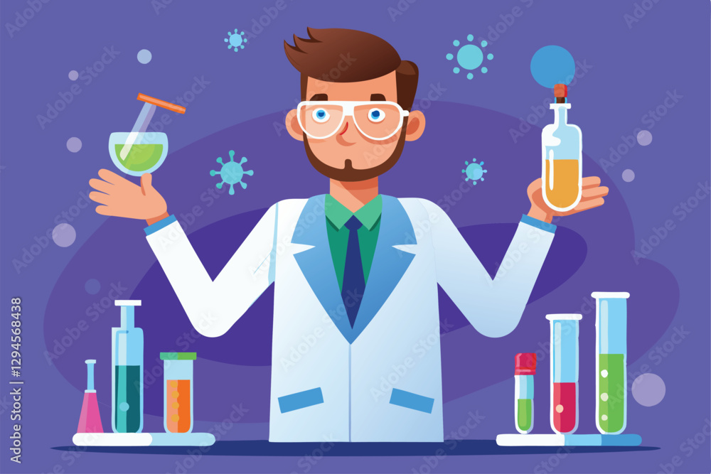 Poster a male scientist in a lab coat holds test tubes while conducting an experiment with colorful liquids